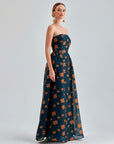 Off-shoulder Sierra Gown Strapless with vibrant paisley prints and flowing maxi skirt