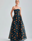 Sierra Gown Strapless featuring vibrant paisley and floral patterns with an off-shoulder design