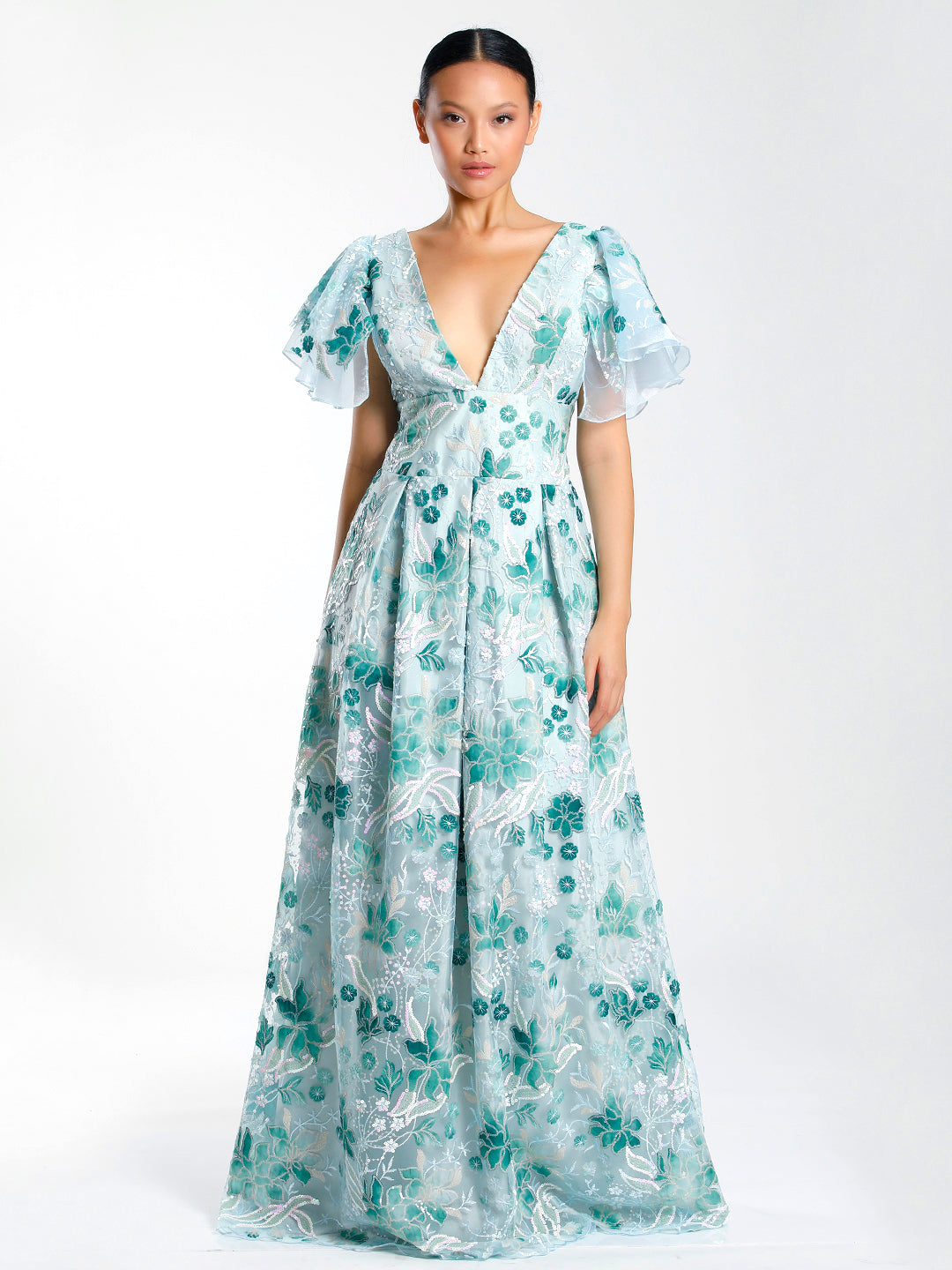 Flutter Sleeve Gown With Mini and Maxi Flowers Embellishment