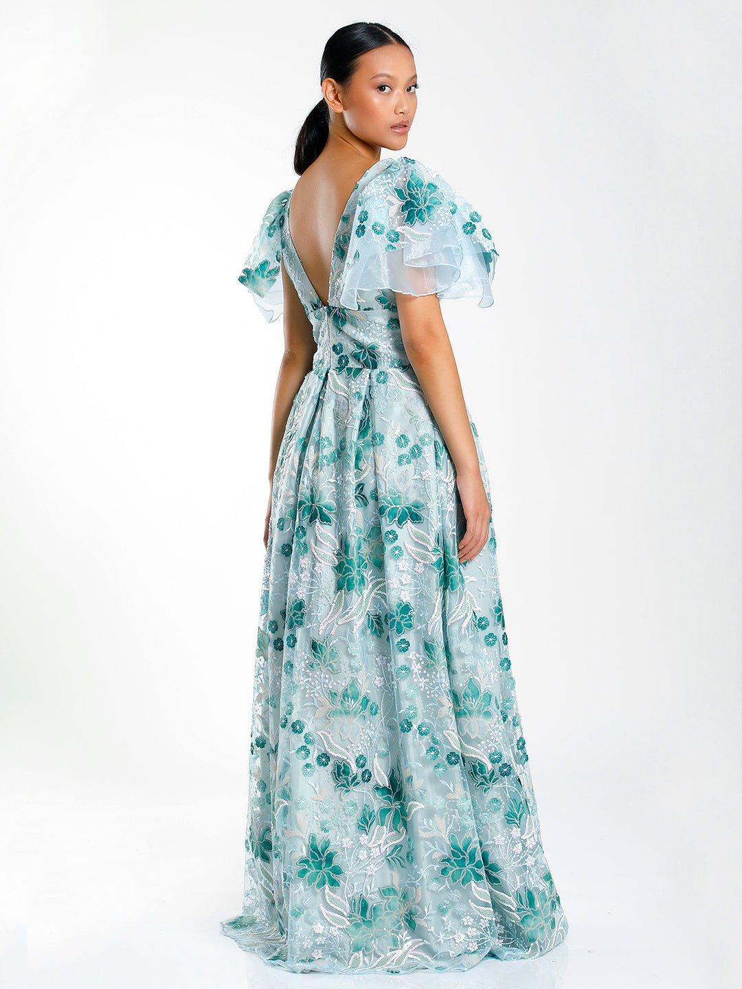 Flutter Sleeve Gown With Mini and Maxi Flowers Embellishment