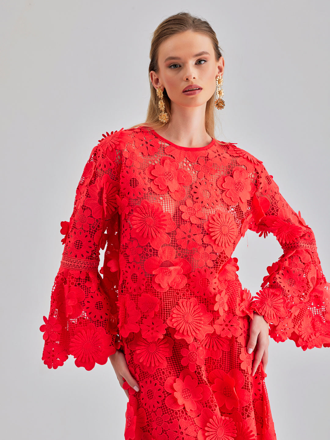 Elegant coral floral lace skirt and top set