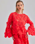 Elegant coral floral lace skirt and top set