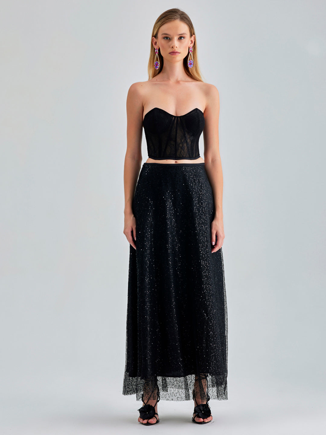 Vera Skirt Black with sheer tulle layers and elegant maxi-length design