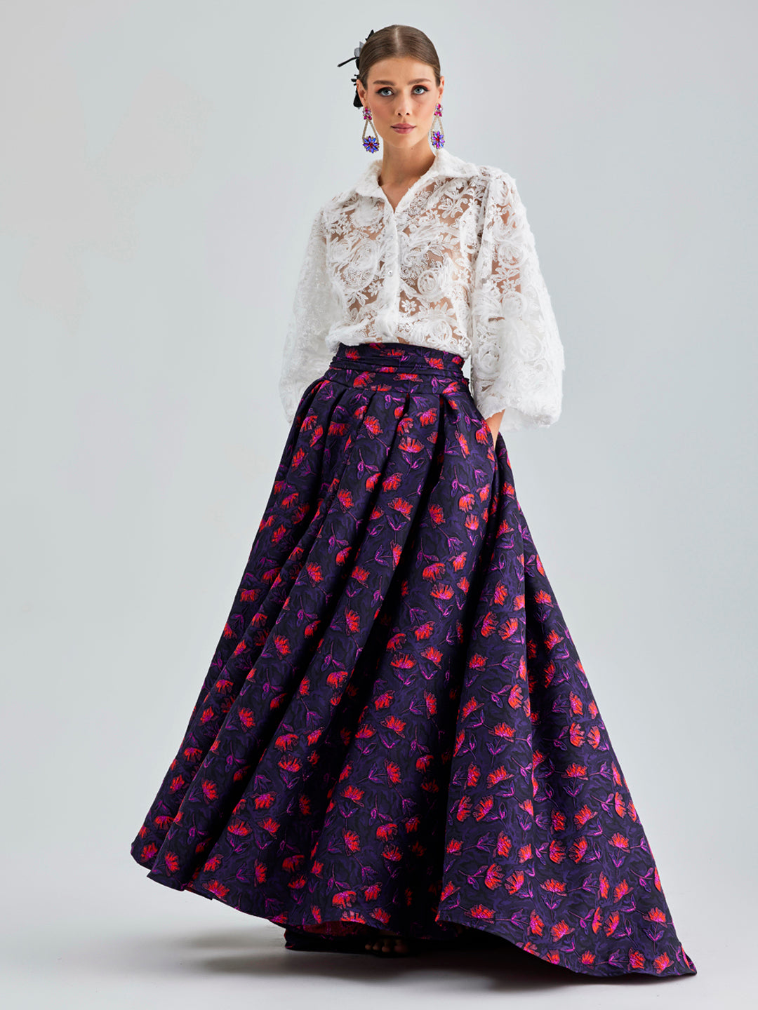 Faina Skirt Violet Multicolor featuring vivid floral print and a voluminous circular design for a show-stopping look