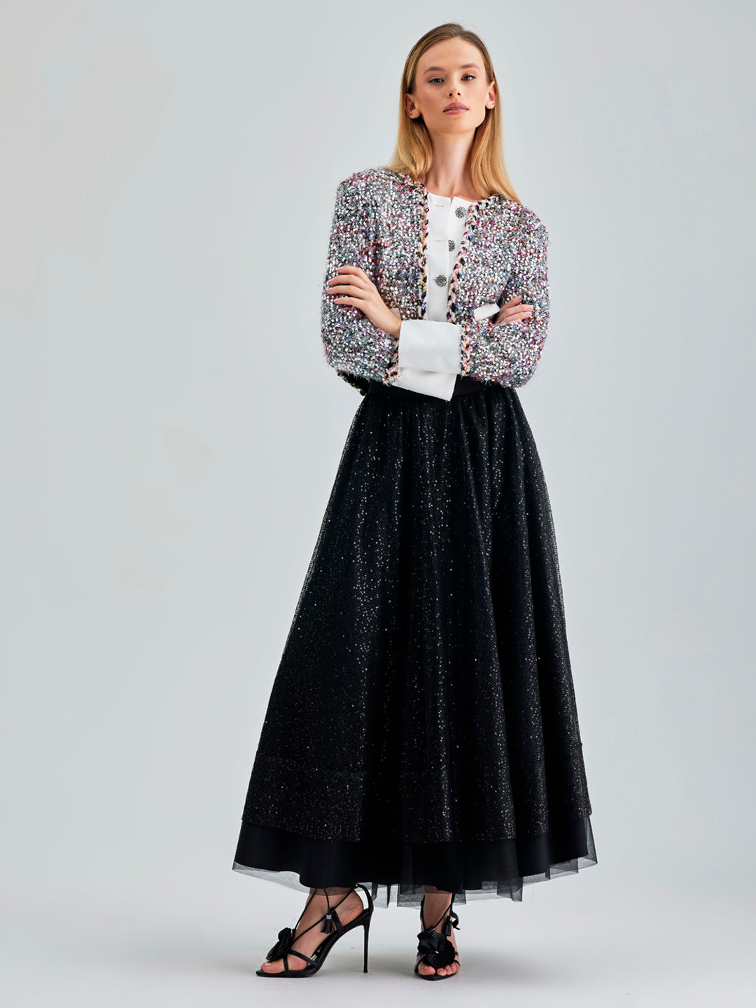 Freya Skirt with shimmering sequin detail and flowing tulle layers, perfect for formal events