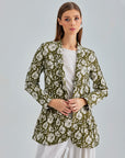 Sophisticated khaki jacket featuring refined white floral details