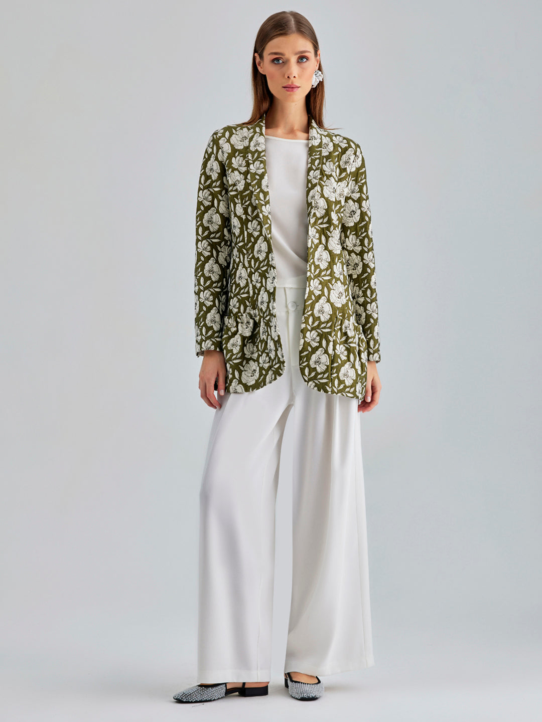 Frida Jacket khaki with striking white floral design and elegant contrast