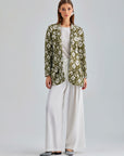 Frida Jacket khaki with striking white floral design and elegant contrast