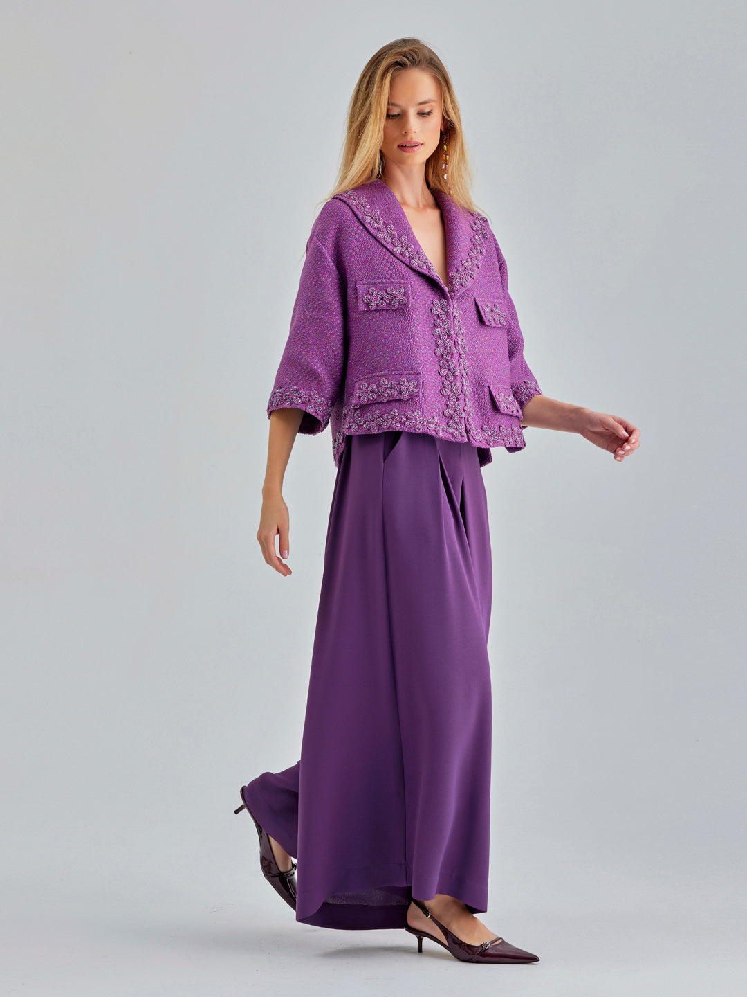 Gia Pants in violet with flattering waistband and graceful wide-leg design