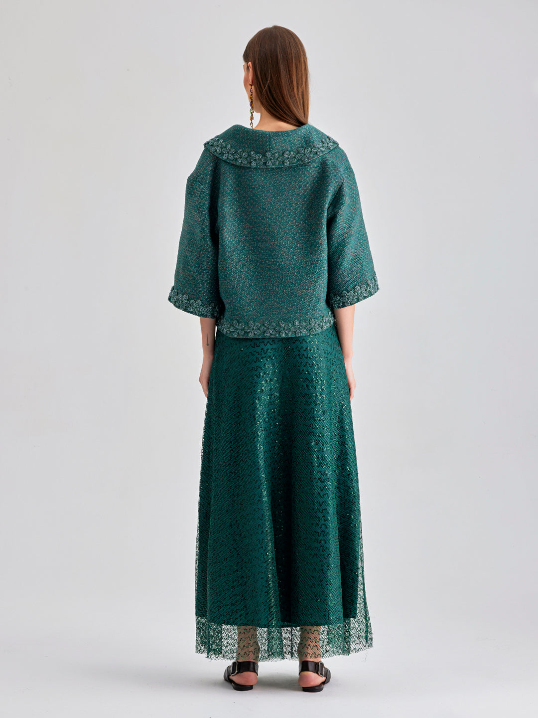 Mesmerizing Vera Skirt in green with fluid tulle layers and radiant finish