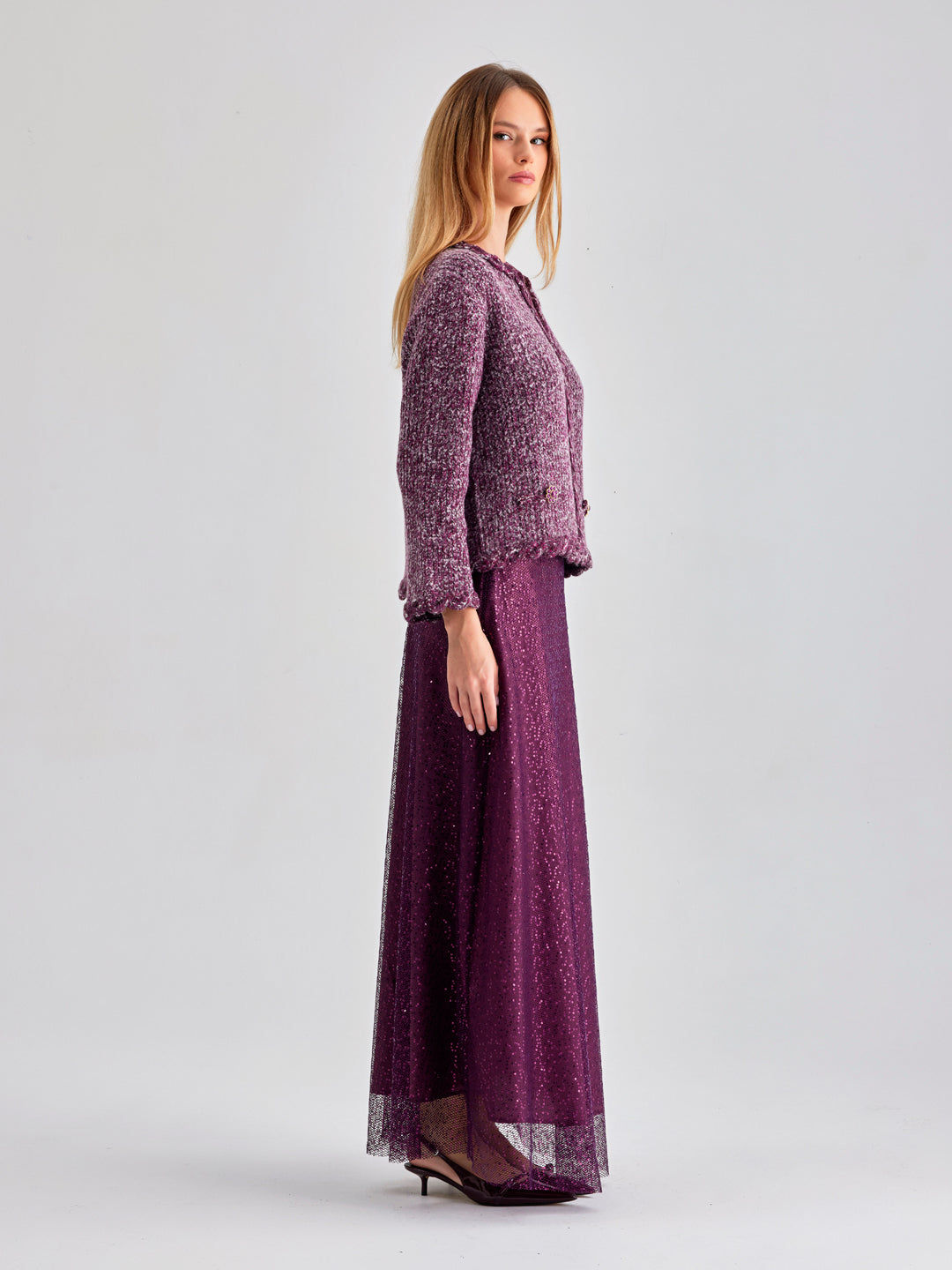 Textured Nina Cardigan in bordeaux offering warmth and timeless style