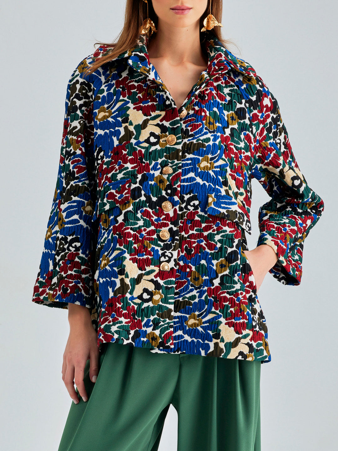 Colorful Tess Jacket featuring an open V-neckline and short sleeves