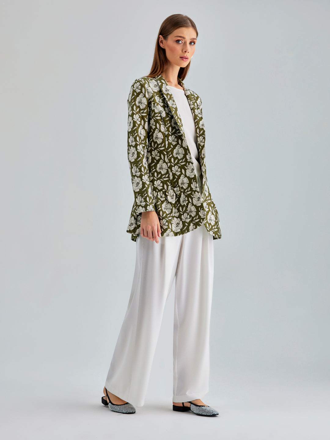 Chic Frida Jacket blending rich khaki hue with crisp white flowers