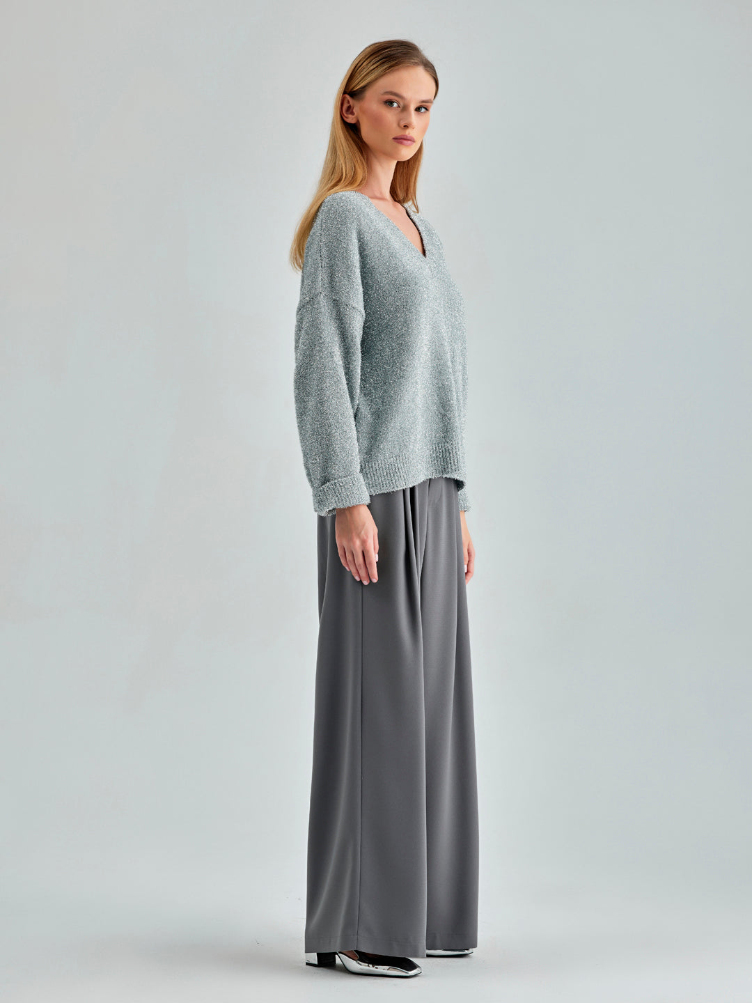 Jenna Pants in grey showcasing a flattering high-rise fit and wide-leg cut