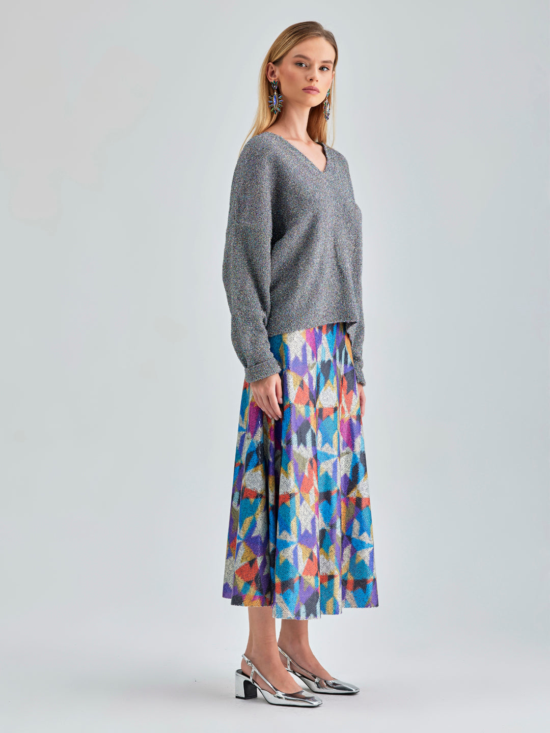 Cora Skirt in cool hues with geometric patterns and Lycra lining for a comfortable, flattering fit