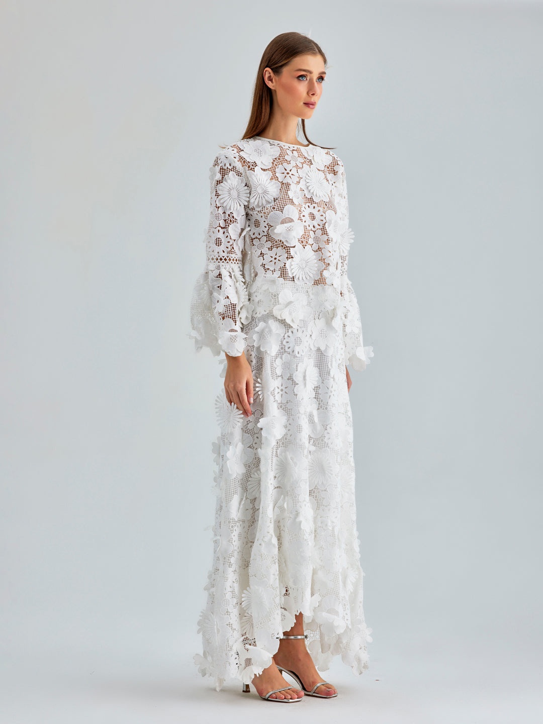 Elegant white lace set with flared sleeves for bridal events