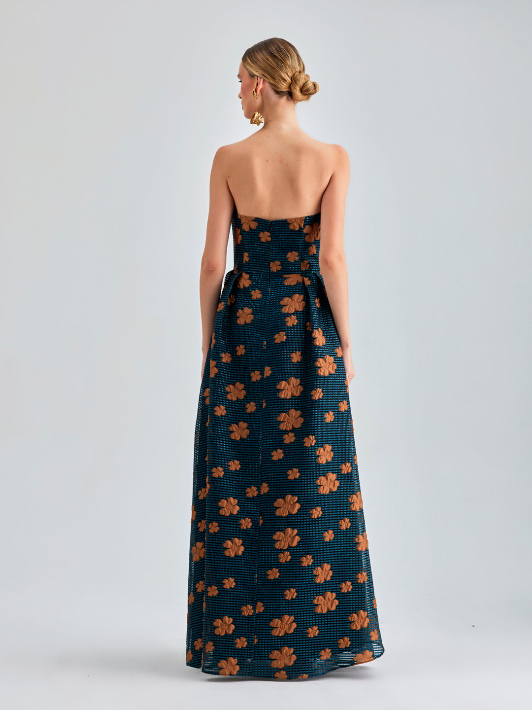  Sierra Gown Strapless with vibrant patterns and flattering off-shoulder silhouette