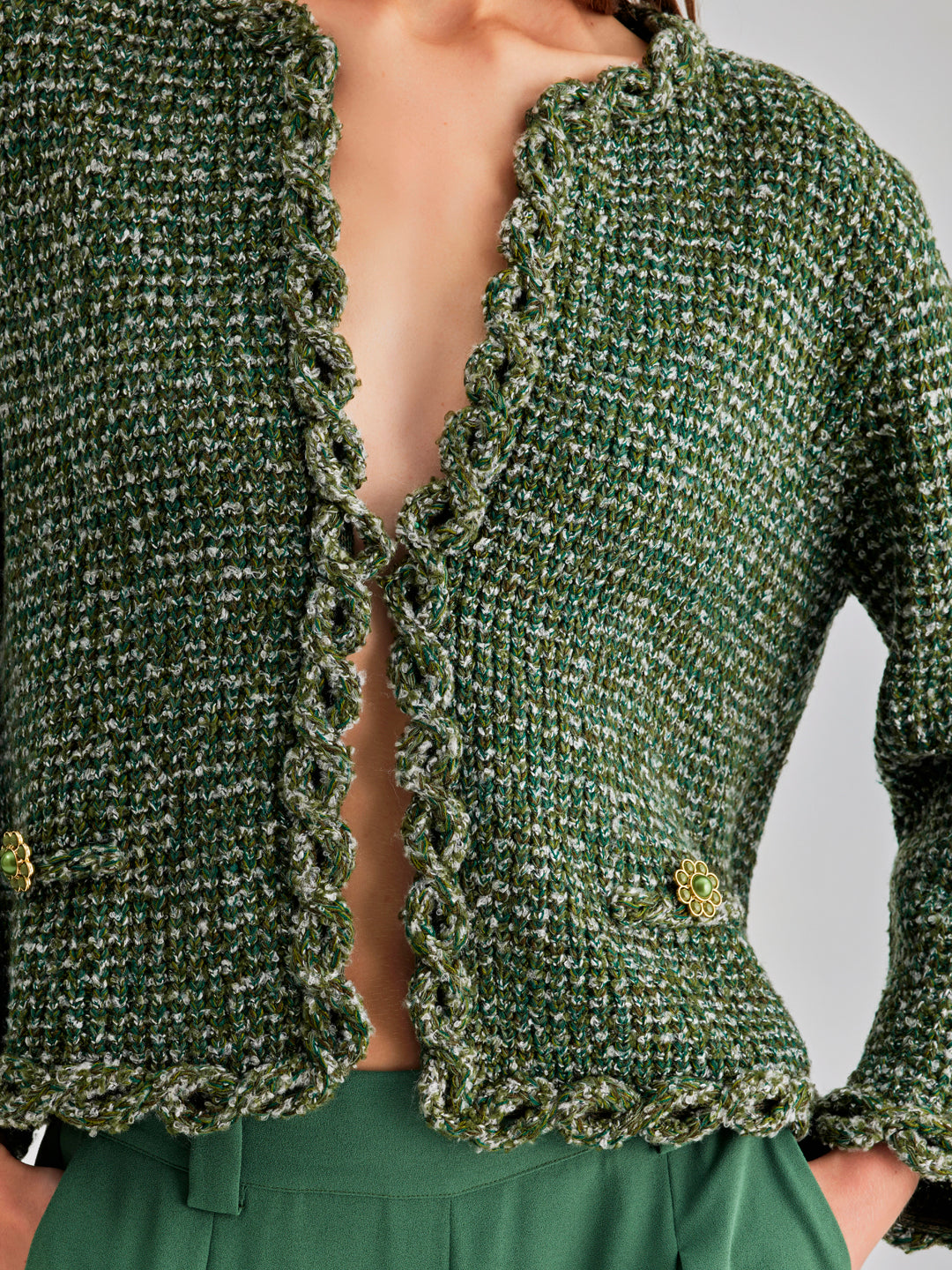 Nina Cardigan in deep green, blending wool and cotton for cozy comfort