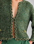 Nina Cardigan in deep green, blending wool and cotton for cozy comfort