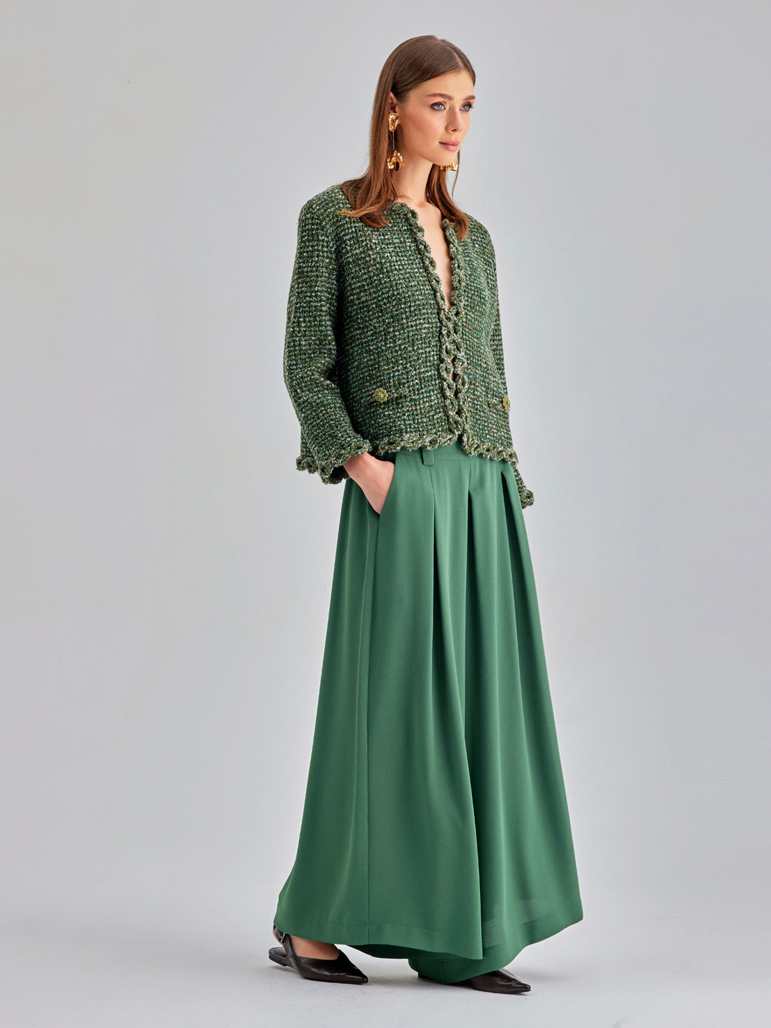 Nina Cardigan Green offering warmth, style, and timeless sophistication