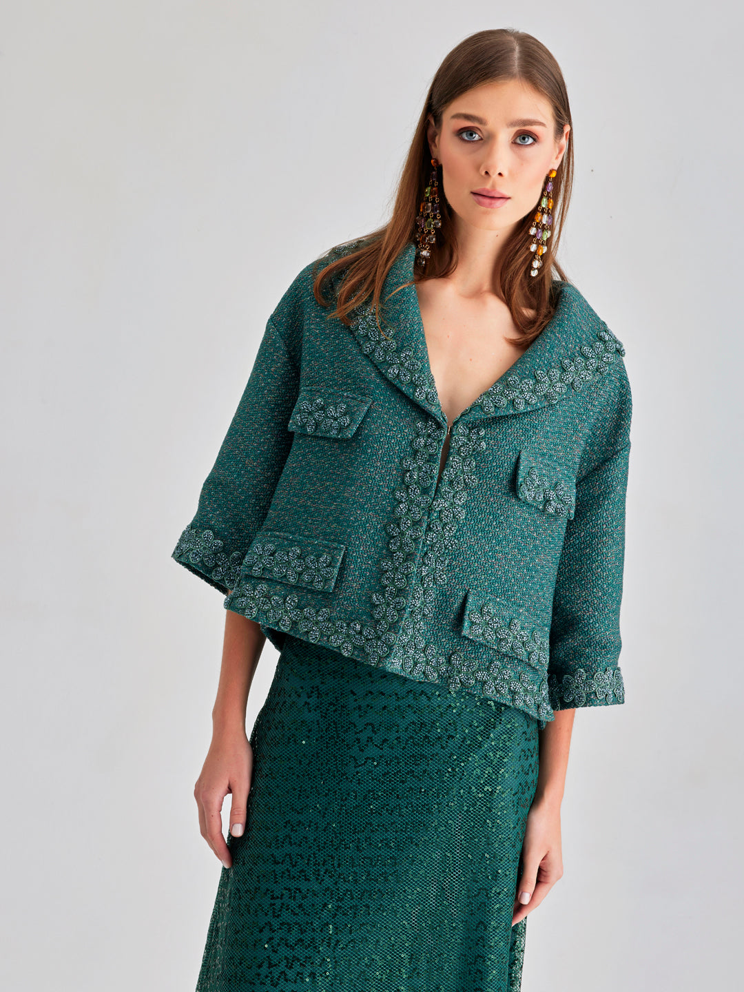 Eye-catching Remi Jacket in rich green with playful floral touches