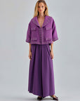 Chic Gia Pants Violet with intricate pleats and belt loops for adjustable fit