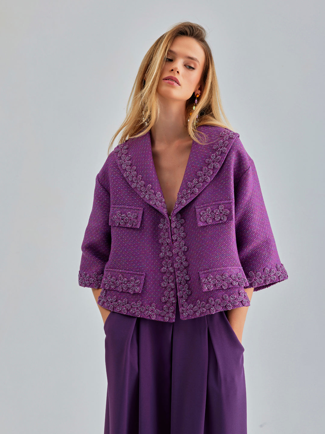 Striking Remi Jacket in rich violet with chic cropped sleeves