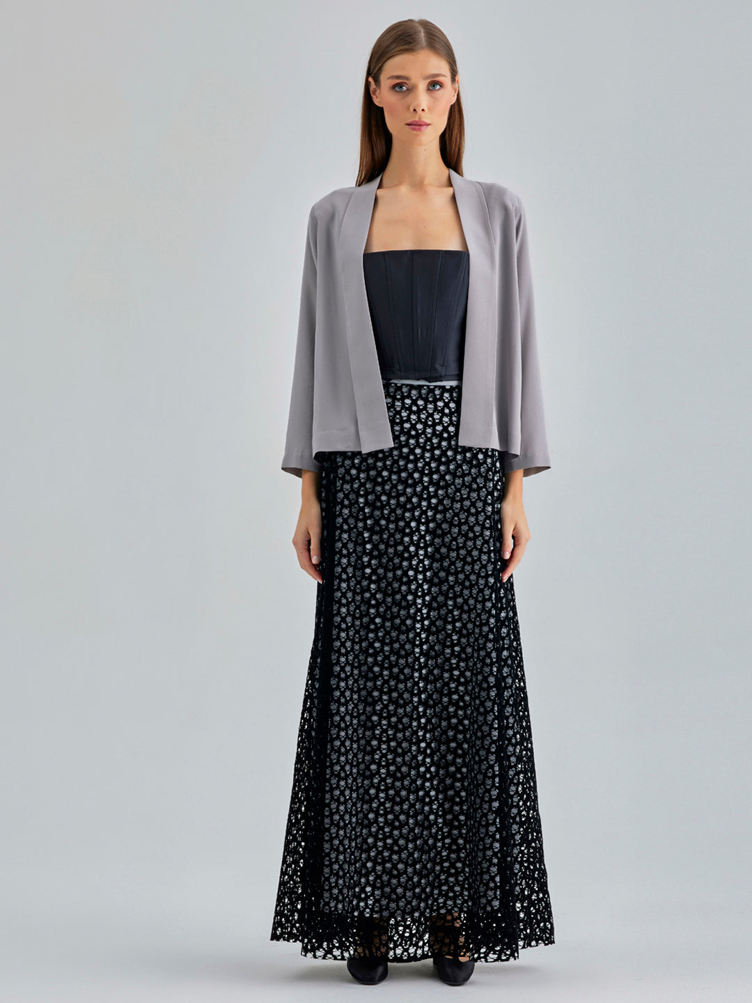 Sophisticated Carmen Skirt Maxi with black tulle and grey lining, blending modern style with classic refinement