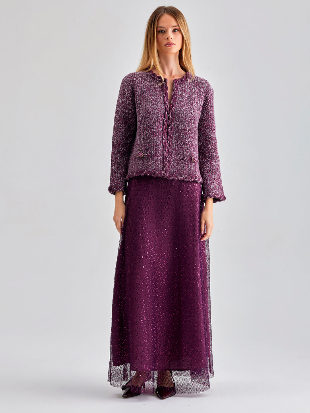 Luxurious bordeaux Nina Cardigan combining wool, PAN, and cotton for warmth